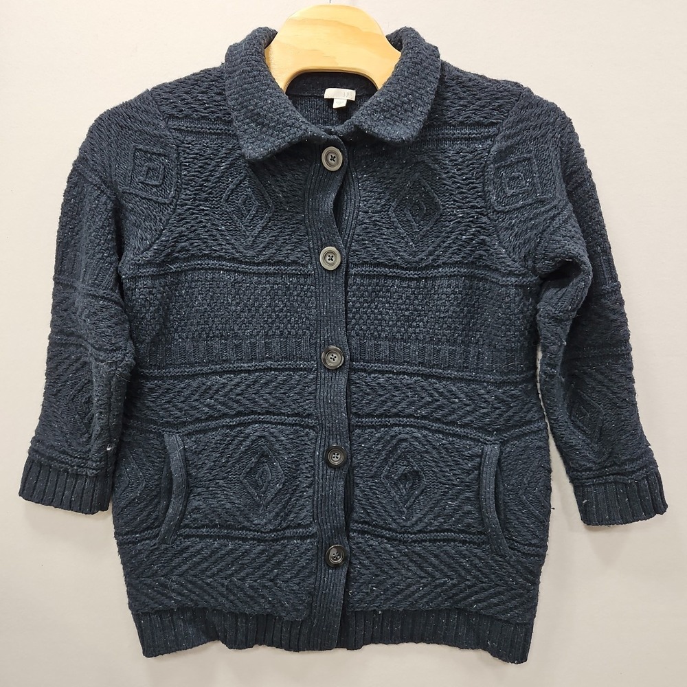 J Jill Womens XL Sweater Cardigan Wool Blend Navy Blue Chunky Knit Button Front